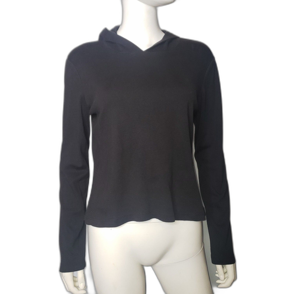 MODA INTERNATIONAL Black Long Sleeve Hooded T Shirt Womens Size Large
